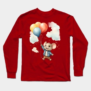 Cute Colorful Baby Mouse With Balloons Watercolor Design Long Sleeve T-Shirt